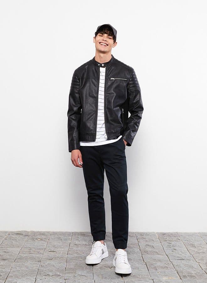 Slim Fit Stand Collar Men's Leather Look Coat 1