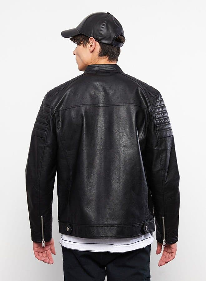 Slim Fit Stand Collar Men's Leather Look Coat 2