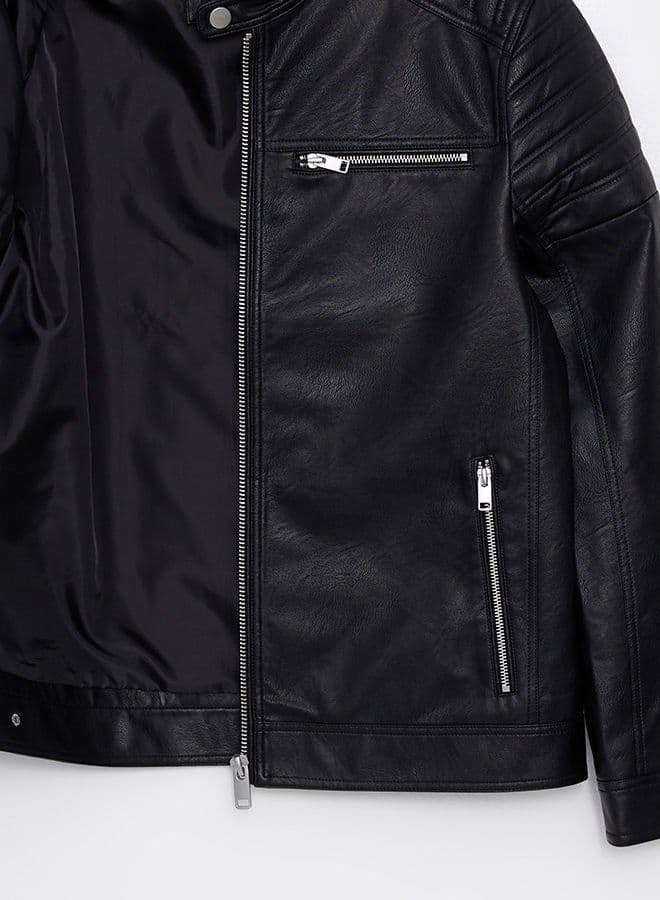 Slim Fit Stand Collar Men's Leather Look Coat 5