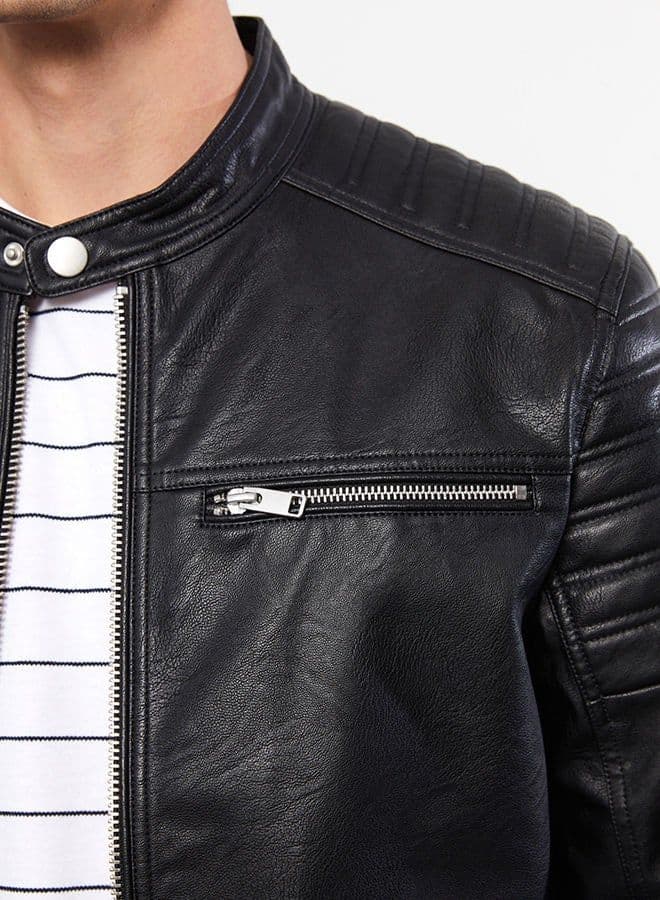 Slim Fit Stand Collar Men's Leather Look Coat 6