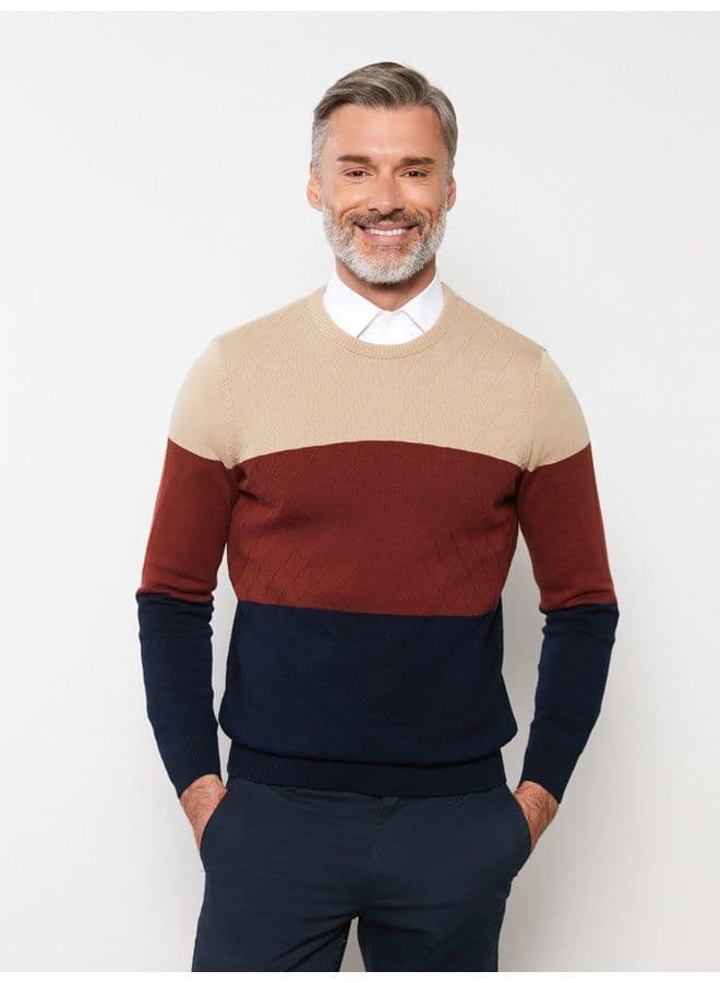Crew Neck Long Sleeve Men's Tricot Sweater with Color Block