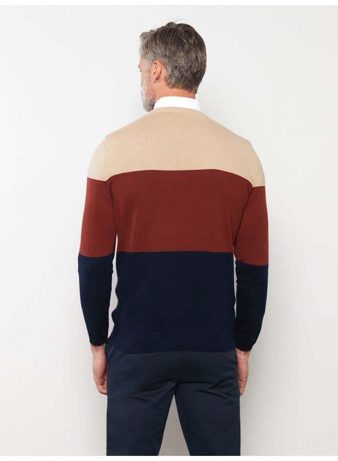 Crew Neck Long Sleeve Men's Tricot Sweater with Color Block 2