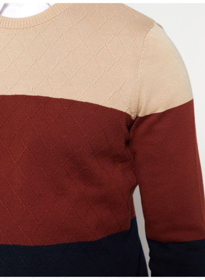 Crew Neck Long Sleeve Men's Tricot Sweater with Color Block 6