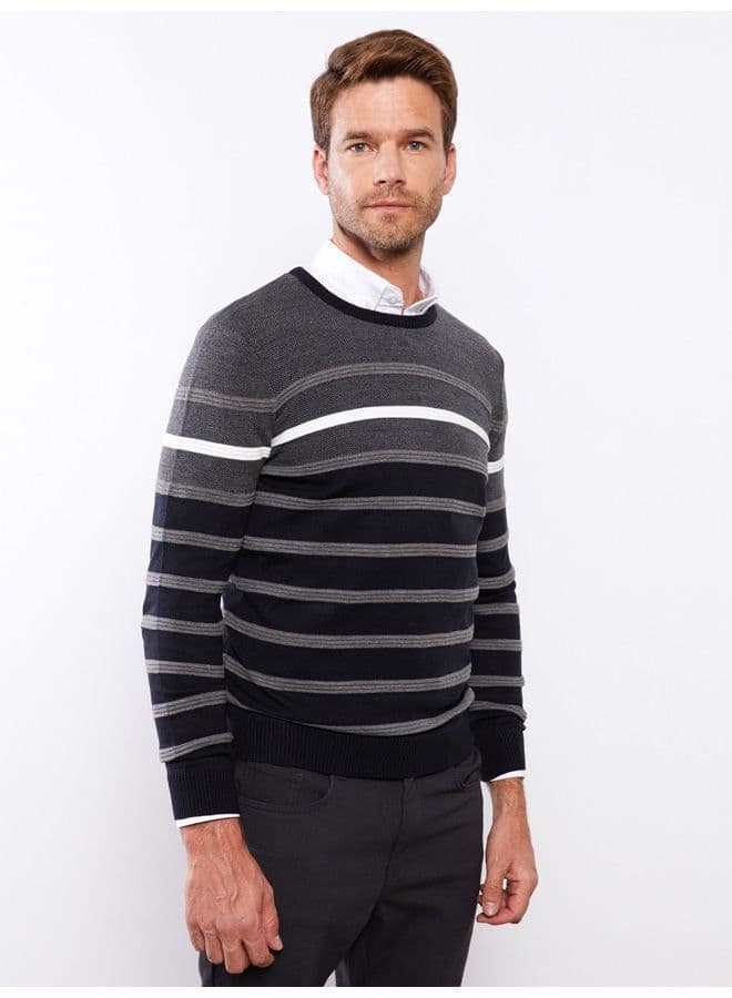 Crew Neck Long Sleeve Striped Men's Tricot Sweater 3