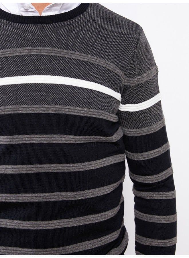Crew Neck Long Sleeve Striped Men's Tricot Sweater 2